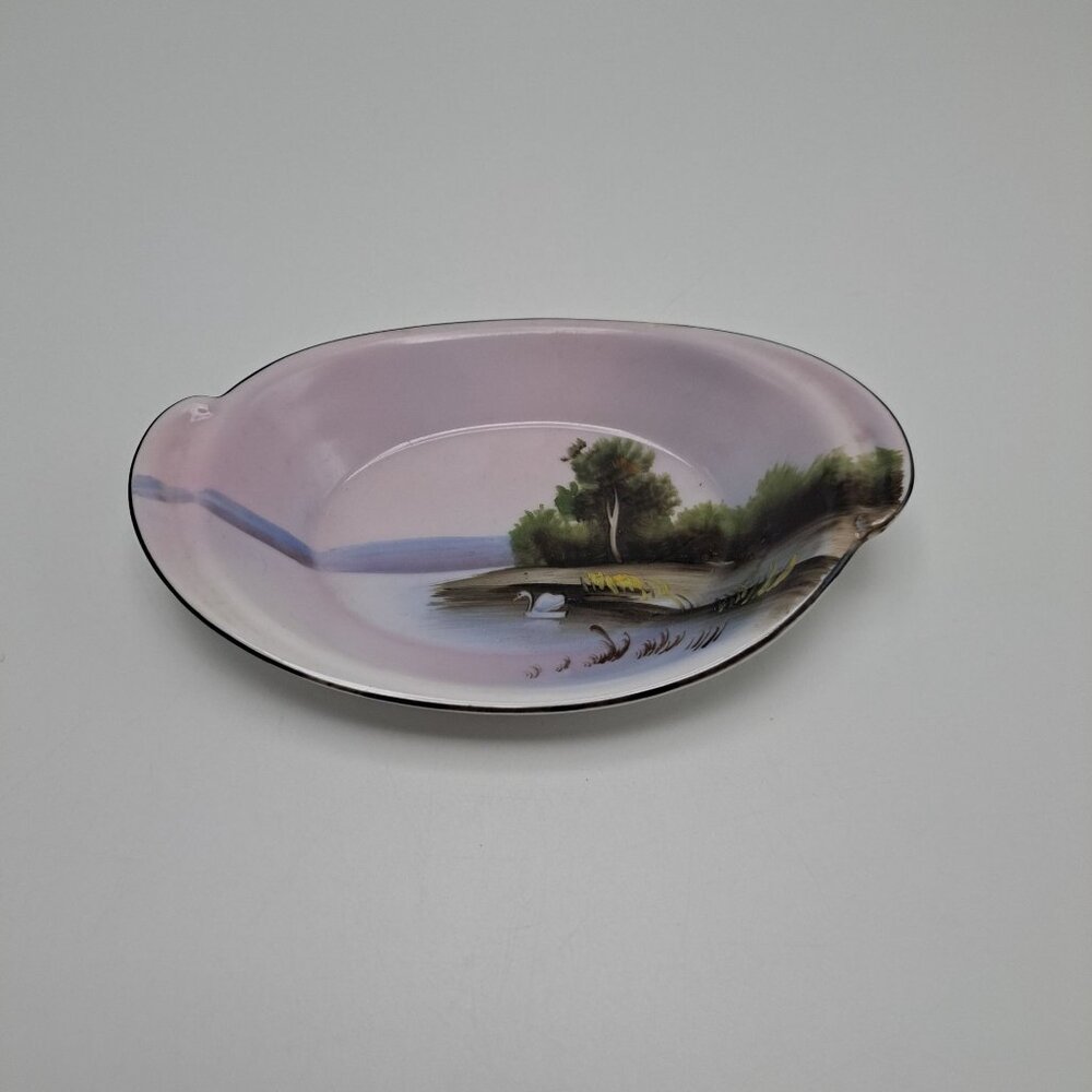 Vintage Noritake Hand Painted Oval Rice Bowl Dish With Swan & Scenic Landscape